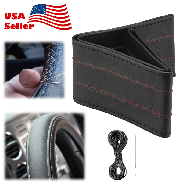 Steering Wheel Cover With Needles Thread 2 Line PVC Leather DIY Car (Beige / Black / Black Red / Gray)