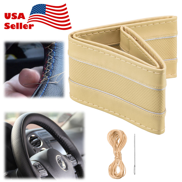 Steering Wheel Cover With Needles Thread 2 Lines Perforated Dot PVC Leather DIY Car (Beige / Black / Gray)