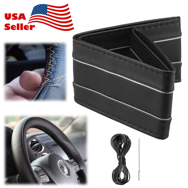 Steering Wheel Cover With Needles Thread 2 Lines Perforated Dot PVC Leather DIY Car (Beige / Black / Gray)