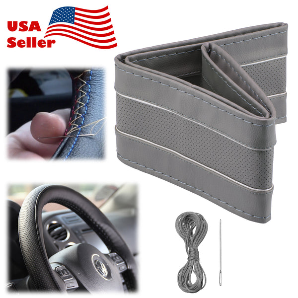 Steering Wheel Cover With Needles Thread 2 Lines Perforated Dot PVC Leather DIY Car (Beige / Black / Gray)