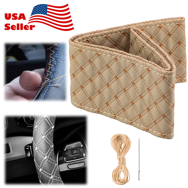 Steering Wheel Cover With Needles And Thread Cross Dot PVC Leather DIY Car (Beige / Black / Brown / Gray)