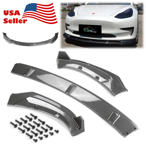 3pcs Front Bumper Lip for Tesla Model3 2018-2020 PC-89664 (Carbon Fiber Textured Black / Gloss Black / Matte Black)