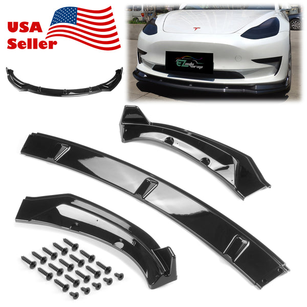 3pcs Front Bumper Lip for Tesla Model3 2018-2020 PC-89664 (Carbon Fiber Textured Black / Gloss Black / Matte Black)