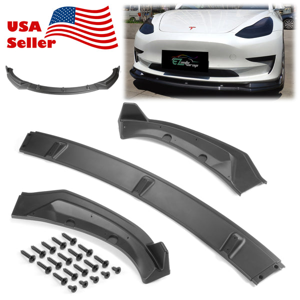 3pcs Front Bumper Lip for Tesla Model3 2018-2020 PC-89664 (Carbon Fiber Textured Black / Gloss Black / Matte Black)