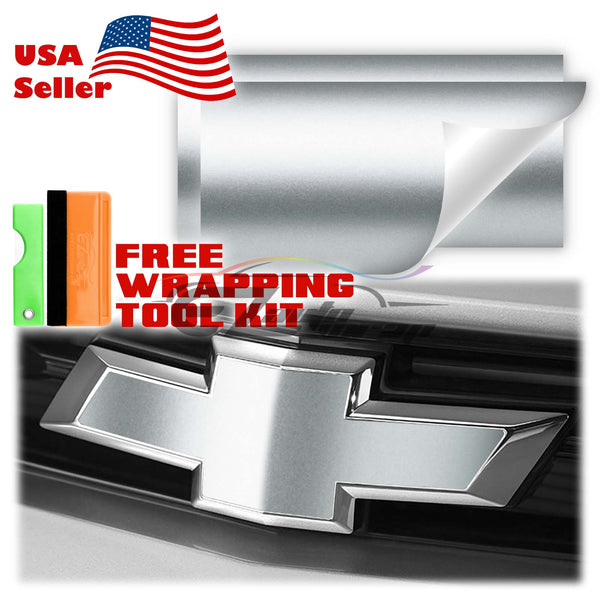 2pcs 5"x10" Satin Chrome Chevy Emblem Bowtie Overlay Vinyl Wrap