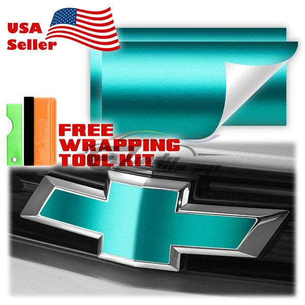 2pcs 5"x10" Satin Chrome Chevy Emblem Bowtie Overlay Vinyl Wrap