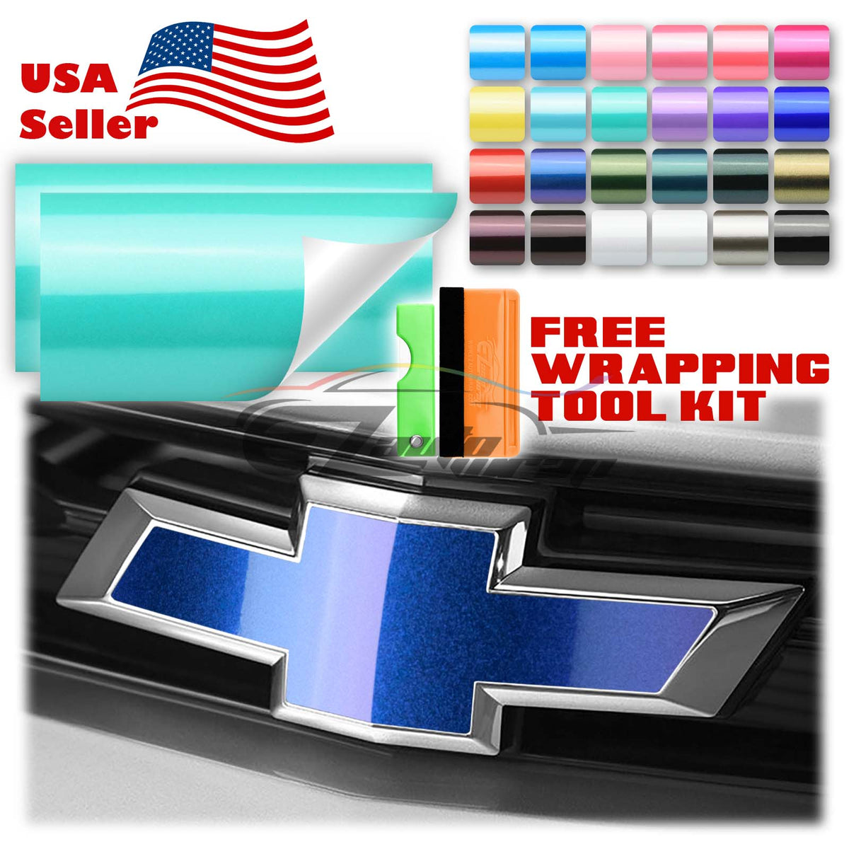 2Pcs Chevy Bowtie Vinyl Wrap - 5x10" Satin Chrome Purple Decal Film With Free Installation Tool Kit