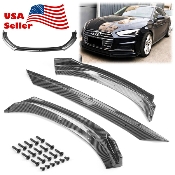3pcs Front Bumper Lip For Audi A3 S3 2017-2020 PC-89686 (Carbon Fiber Textured Black / Gloss Black / Matte Black)