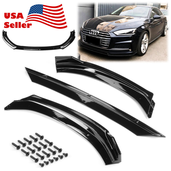 3pcs Front Bumper Lip For Audi A3 S3 2017-2020 PC-89686 (Carbon Fiber Textured Black / Gloss Black / Matte Black)