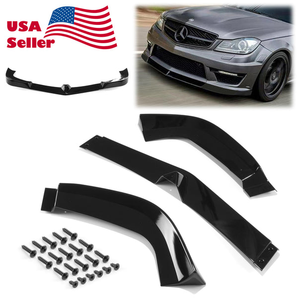 3pcs Front Bumper Lip For Mercedes-Benz W204 2011-2013 PC-89510 (Carbon Fiber Textured Black / Gloss Black / Matte Black)