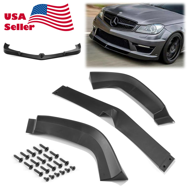 3pcs Front Bumper Lip For Mercedes-Benz W204 2011-2013 PC-89510 (Carbon Fiber Textured Black / Gloss Black / Matte Black)