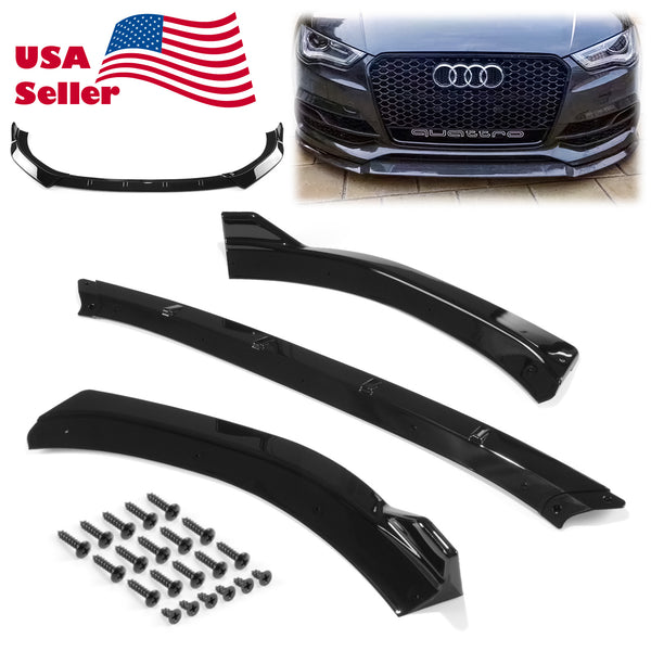 3pcs Front Bumper Lip For Audi A3 2014-2016 PC-89579 (Carbon Fiber Textured Black / Gloss Black / Matte Black)