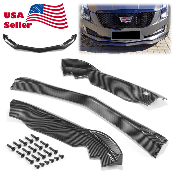 3pcs Front Bumper Lip For Cadillac ATSL ATS 2014-2017 PC-89699 (Carbon Fiber Textured Black / Gloss Black / Matte Black)