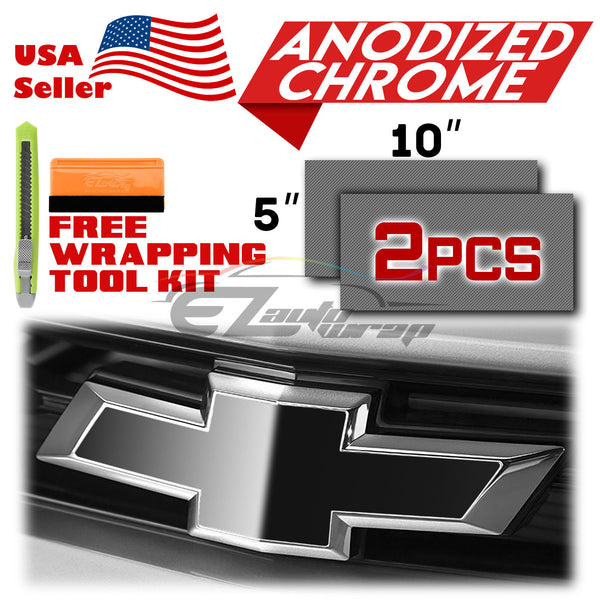 2pcs 5"x10" Anodized Chrome Chevy Emblem Bowtie Overlay Vinyl Wrap