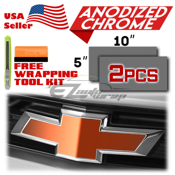 2pcs 5"x10" Anodized Chrome Chevy Emblem Bowtie Overlay Vinyl Wrap