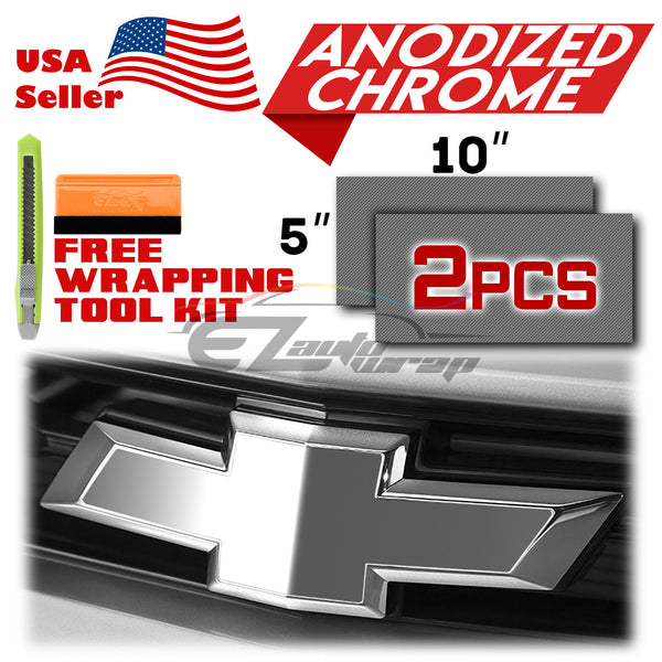 2pcs 5"x10" Anodized Chrome Chevy Emblem Bowtie Overlay Vinyl Wrap