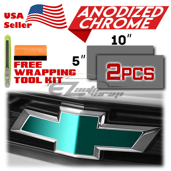 2pcs 5"x10" Anodized Chrome Chevy Emblem Bowtie Overlay Vinyl Wrap