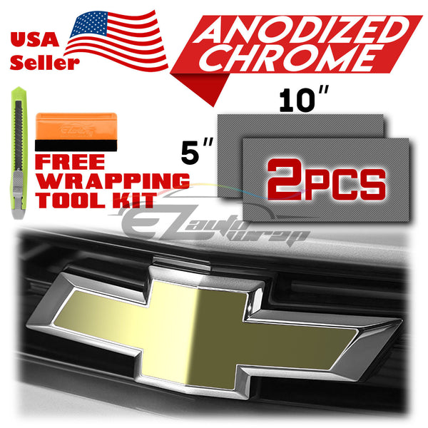 2pcs 5"x10" Anodized Chrome Chevy Emblem Bowtie Overlay Vinyl Wrap