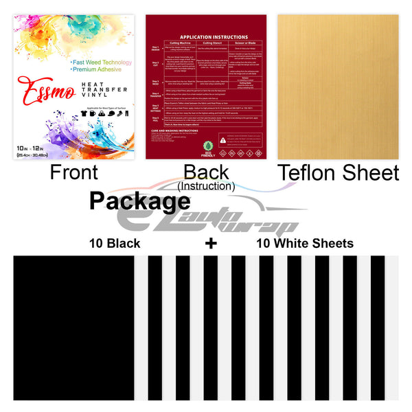 20pcs Black & White Matte Heat Transfer Vinyl 12"x10" HTV Bundle
