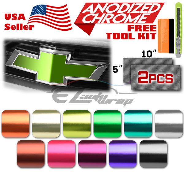 2pcs 5"x10" Anodized Chrome Chevy Emblem Bowtie Overlay Vinyl Wrap