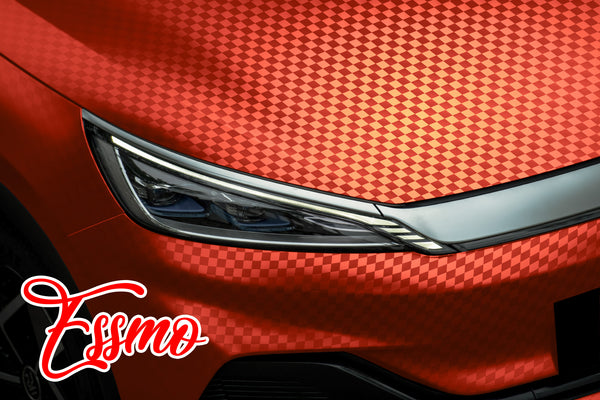 PET Chrome Checker Carbon Fiber Satin Red Vinyl Wrap