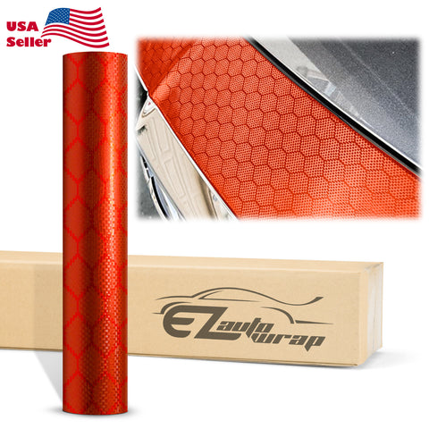 Honeycomb Carbon Fiber Satin Flame Red Hex Vinyl Wrap