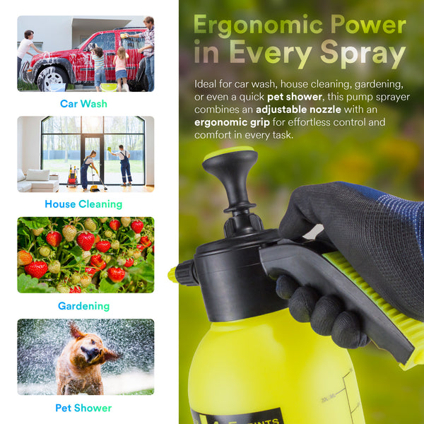 Manual Hand Pump Sprayer 2L Neon Yellow for Car Wash – Portable Pressure Spray Bottle for Auto Detailing, Wheels, Tires, and Window Cleaning - Mode B