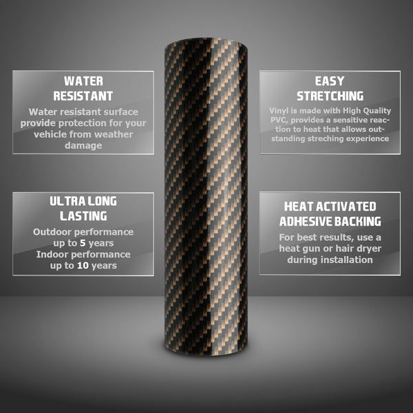 2D High Gloss Black Gold Carbon Fiber Textured Vinyl Wrap