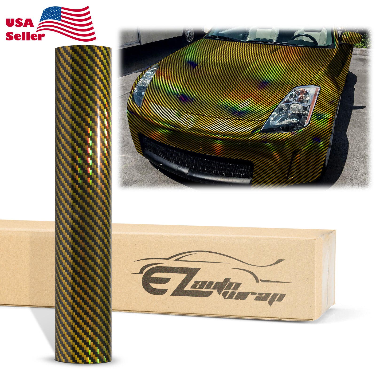 Holographic 2D Carbon Fiber Textured Gold Rainbow Vinyl Wrap Holographic 2D Carbon Fiber Textured Gold Rainbow Vinyl Wrap
