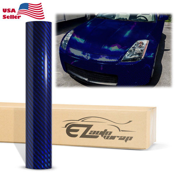 Holographic 2D Carbon Fiber Textured Blue Rainbow Vinyl Wrap