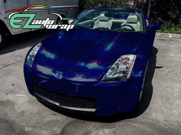 Holographic 2D Carbon Fiber Textured Blue Rainbow Vinyl Wrap