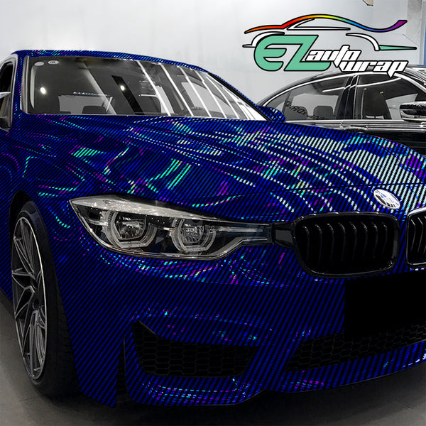 Holographic 2D Carbon Fiber Textured Blue Rainbow Vinyl Wrap
