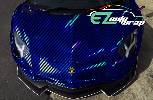Holographic 2D Carbon Fiber Textured Blue Rainbow Vinyl Wrap