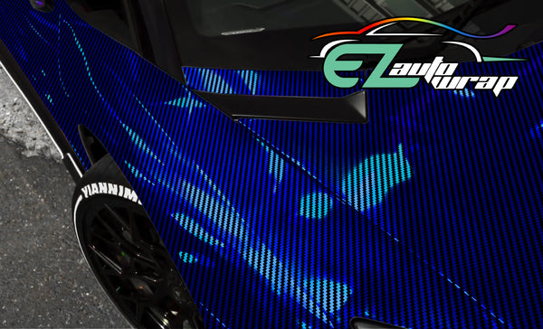 Holographic 2D Carbon Fiber Textured Blue Rainbow Vinyl Wrap