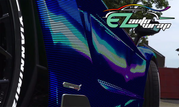 Holographic 2D Carbon Fiber Textured Blue Rainbow Vinyl Wrap