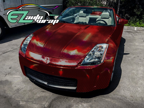 Holographic 2D Carbon Fiber Textured Red Rainbow Vinyl Wrap