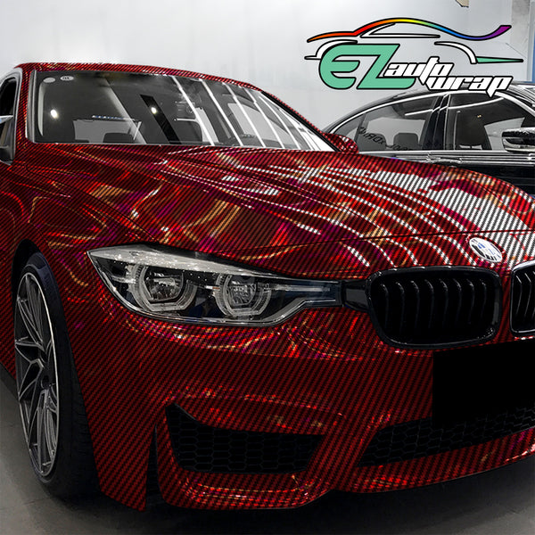 Holographic 2D Carbon Fiber Textured Red Rainbow Vinyl Wrap