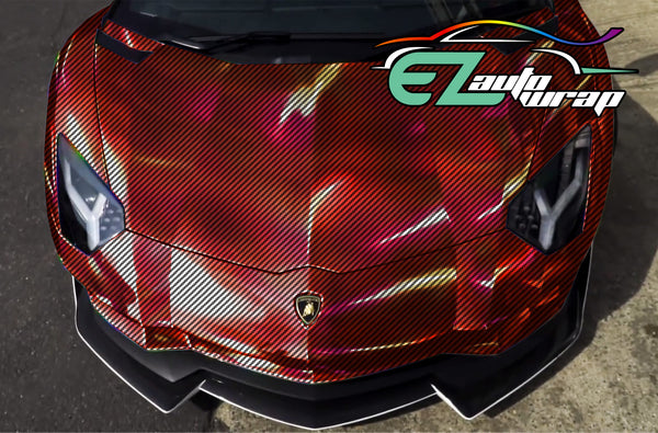Holographic 2D Carbon Fiber Textured Red Rainbow Vinyl Wrap