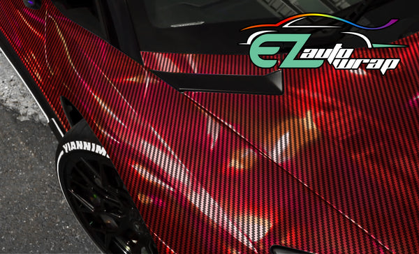 Holographic 2D Carbon Fiber Textured Red Rainbow Vinyl Wrap