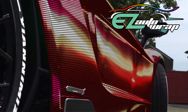 Holographic 2D Carbon Fiber Textured Red Rainbow Vinyl Wrap