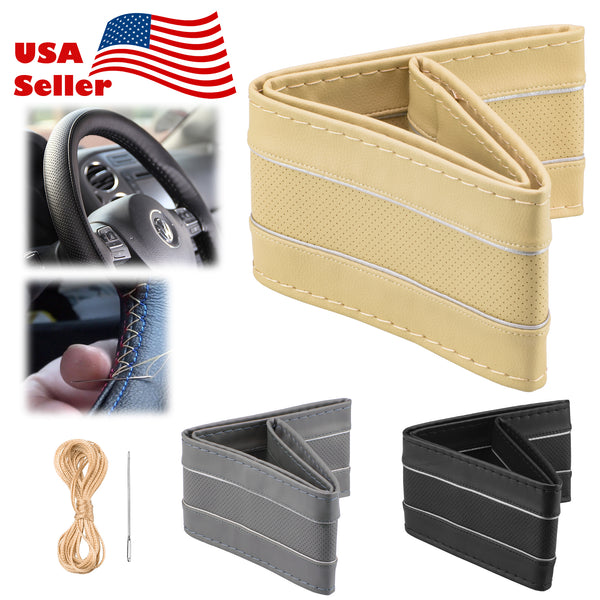 Steering Wheel Cover With Needles Thread 2 Lines Perforated Dot PVC Leather DIY Car (Beige / Black / Gray)
