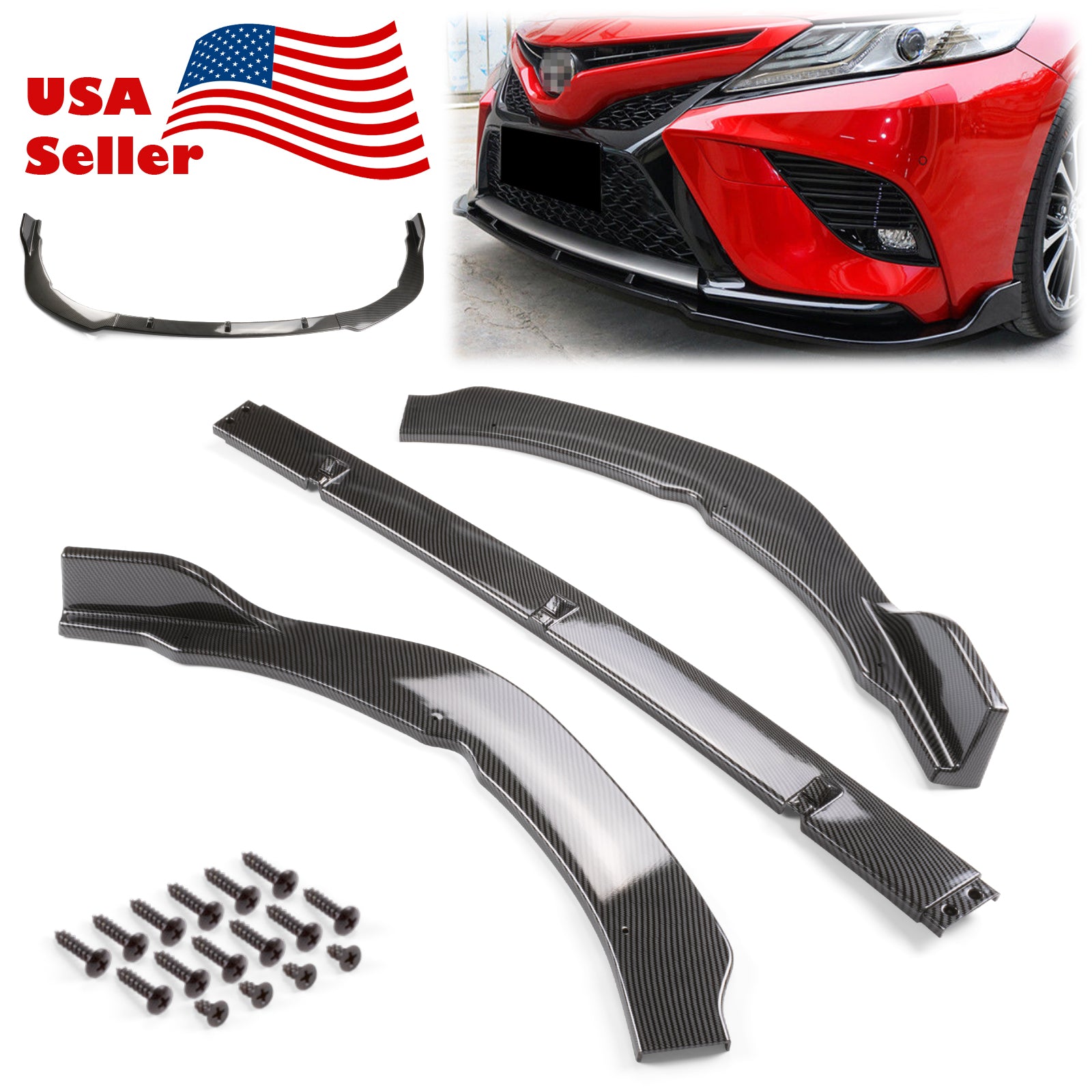 3pcs Front Bumper Lip for Toyota Camry 2018-2019 SE XSE PC-89628 (Carbon Fiber Textured Black / Gloss Black / Matte Black)