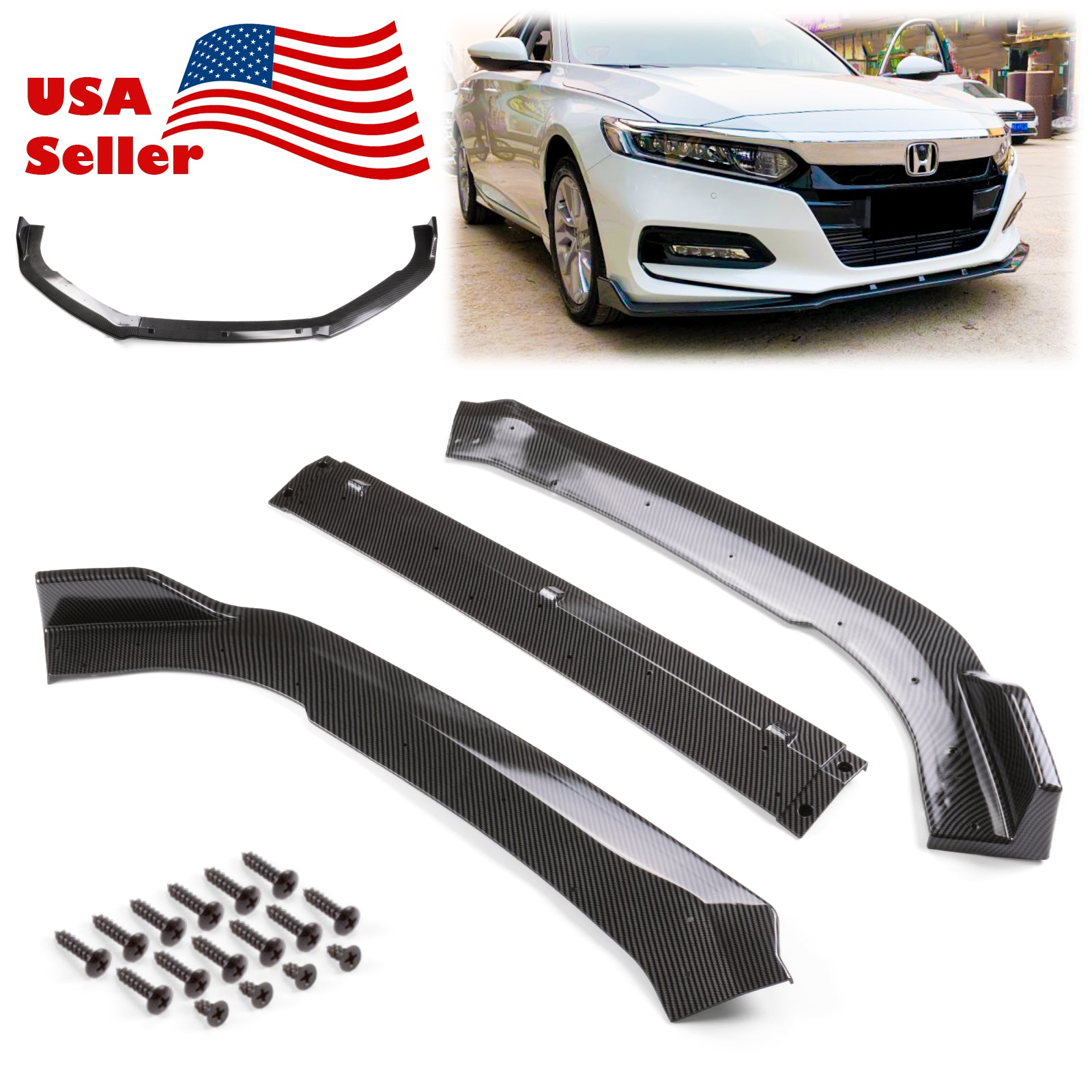 3pcs Front Bumper Lip for Honda Accord 10TH GEN 2018-2019 Sedan Sport PC-89629 (Carbon Fiber Textured Black / Gloss Black / Matte Black)