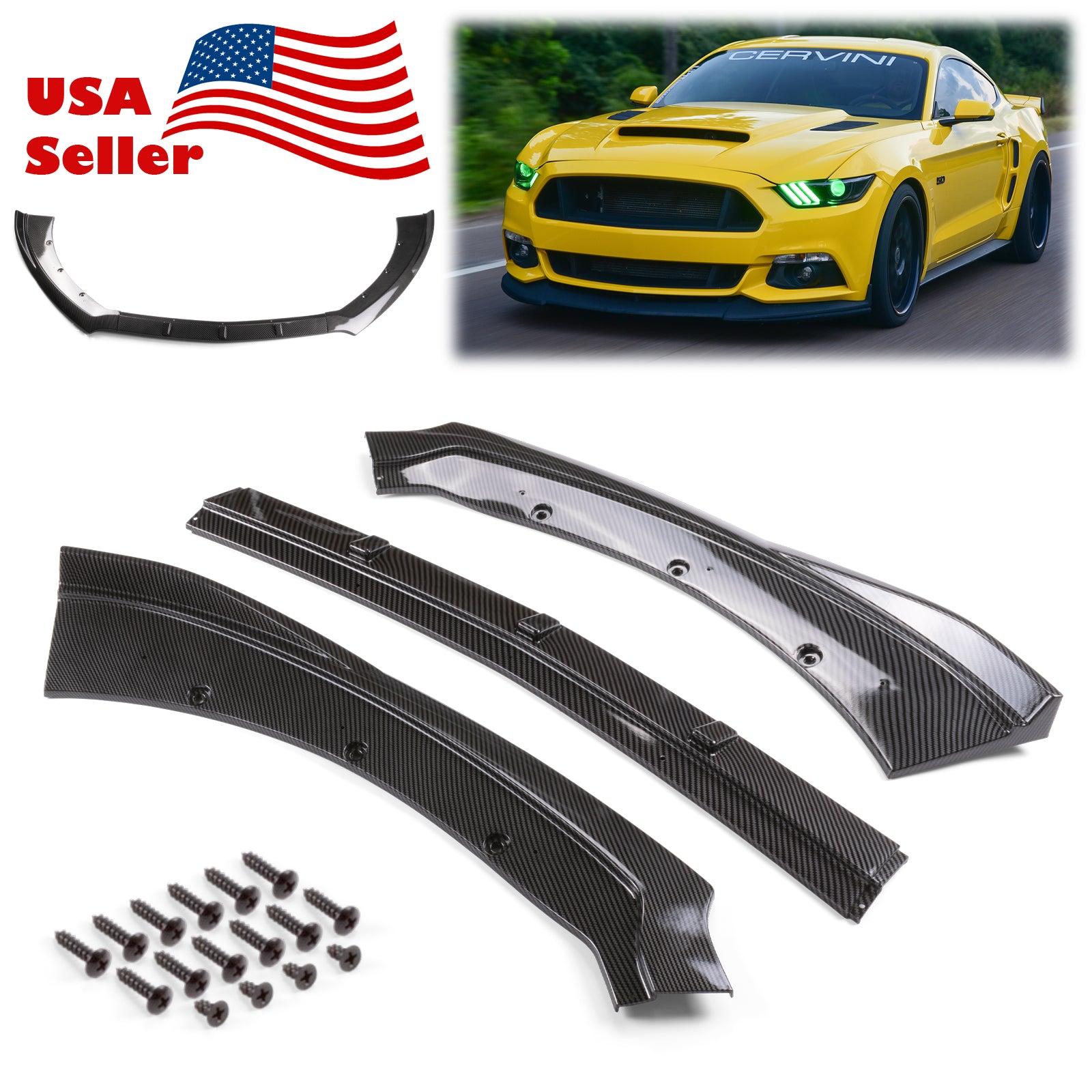 3pcs Front Bumper Lip for Ford Mustang 2015-2017 PC-89661 (Carbon Fiber Textured Black / Gloss Black / Matte Black)