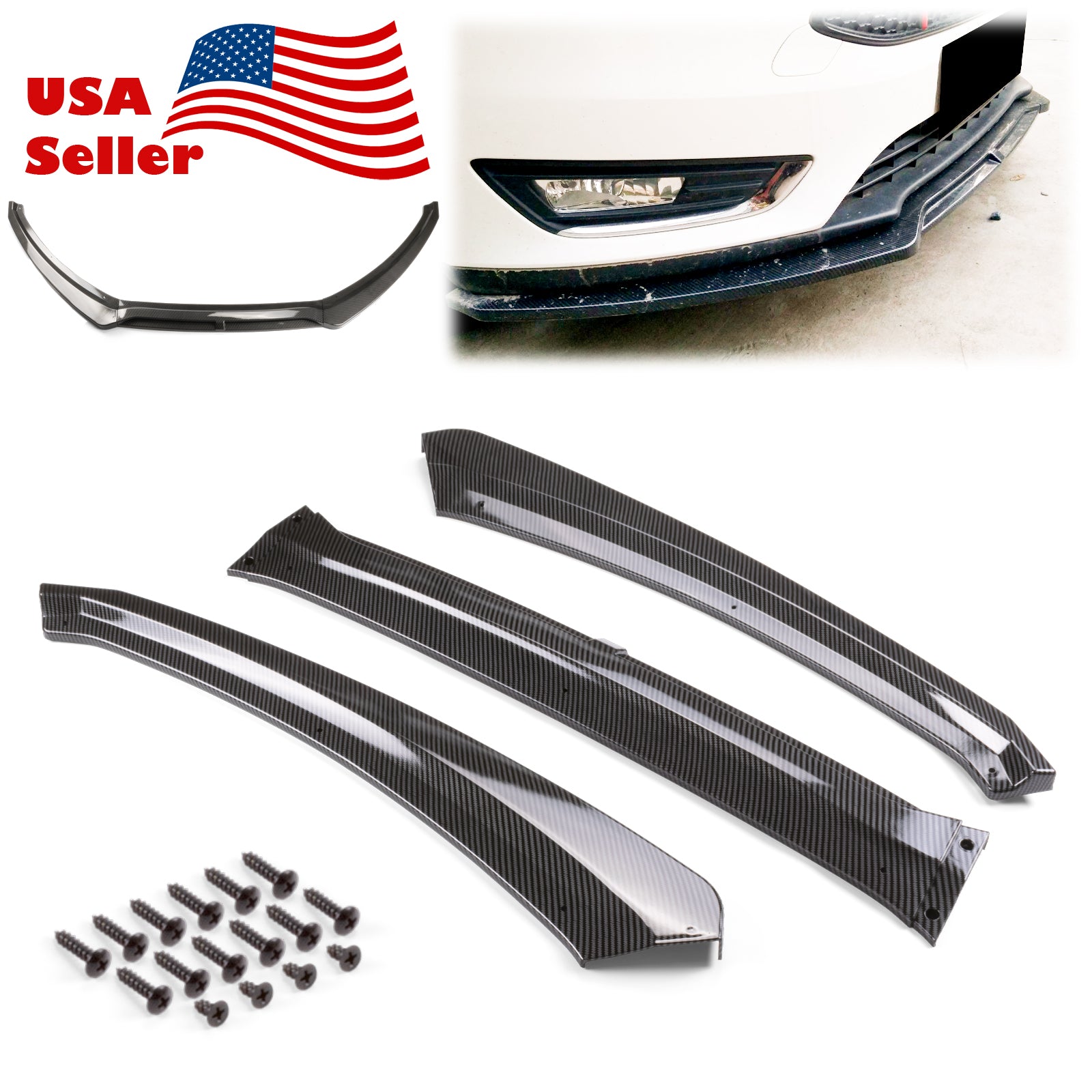 3pcs Front Bumper Lip for Ford Focus 2015-2018 PC-89662 (Carbon Fiber Textured Black / Gloss Black / Matte Black)