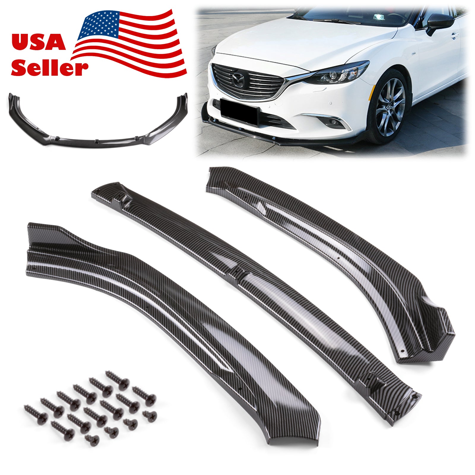 3pcs Front Bumper Lip for Mazda 6 2014-2018 PC-89665 (Carbon Fiber Textured Black / Gloss Black / Matte Black)