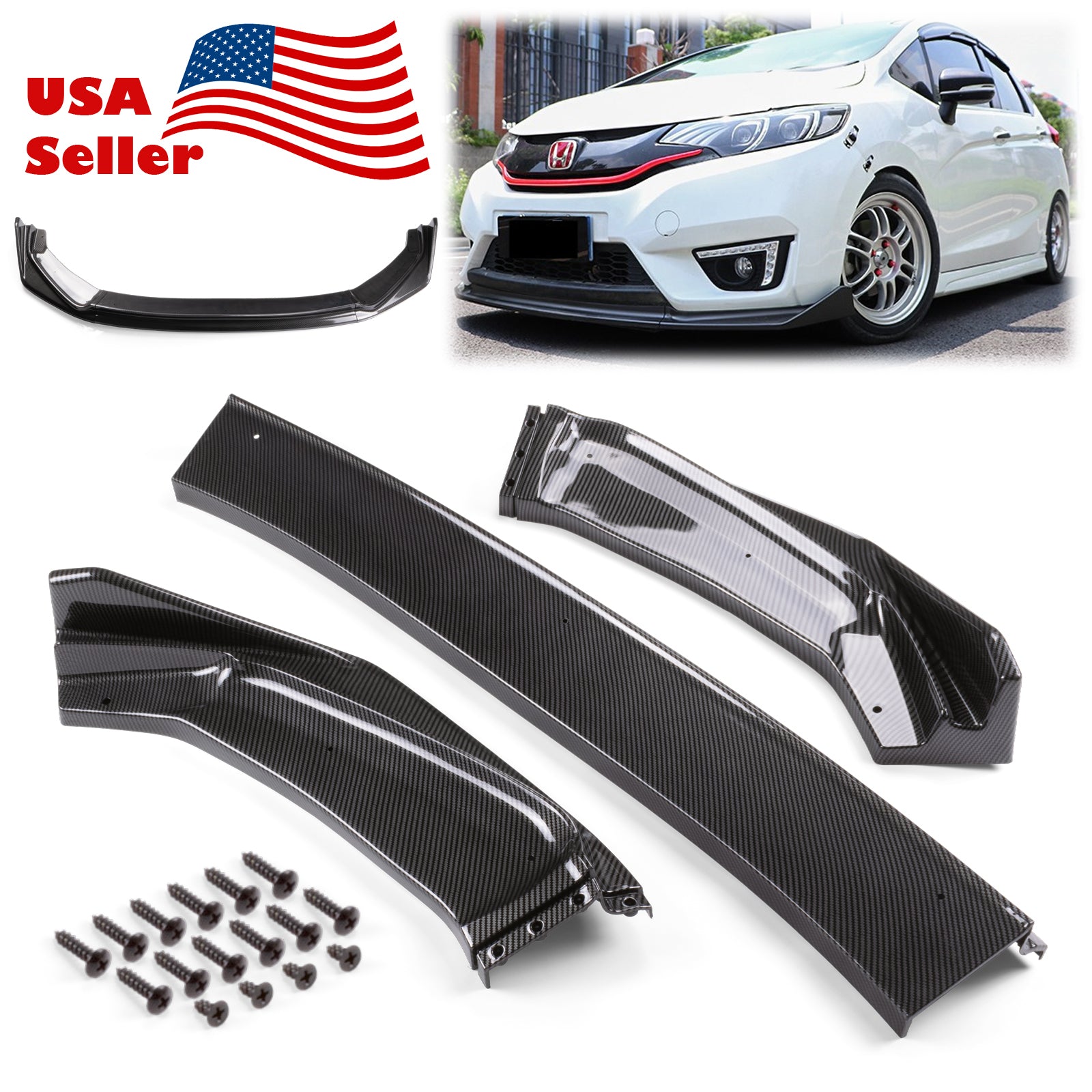 3pcs Front Bumper Lip for Honda Jazz Fit 2014-2017 PC-89669 (Carbon Fiber Textured Black / Gloss Black / Matte Black)