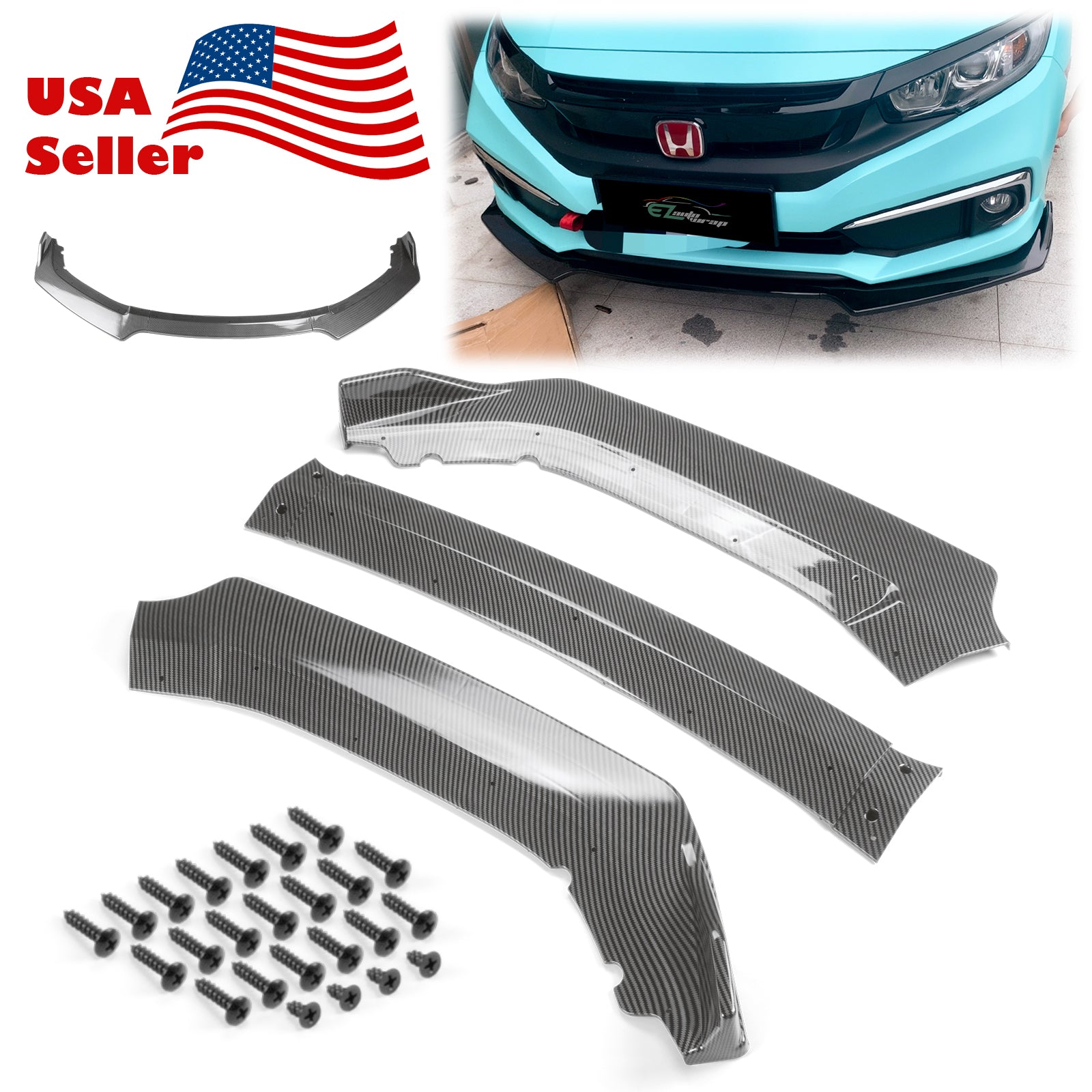 3pcs Front Bumper Lip for Honda Civic 2016-2018 PC-C10BLS26 (Carbon Fiber Textured Black / Gloss Black / Matte Black)