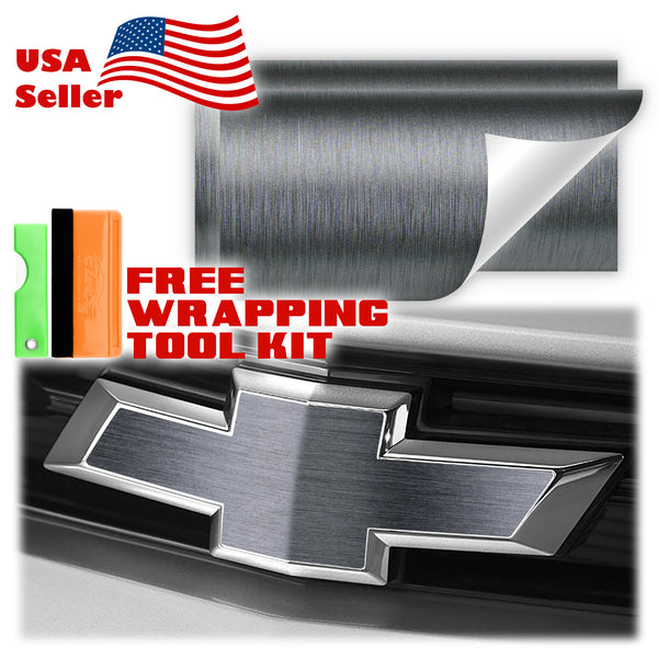 2pcs 5"x10" Brushed Aluminum Chevy Emblem Bowtie Overlay Vinyl Wrap