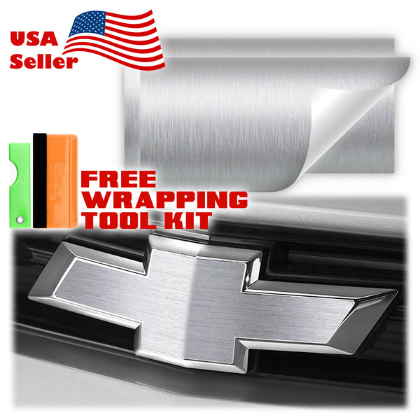 2pcs 5"x10" Brushed Aluminum Chevy Emblem Bowtie Overlay Vinyl Wrap